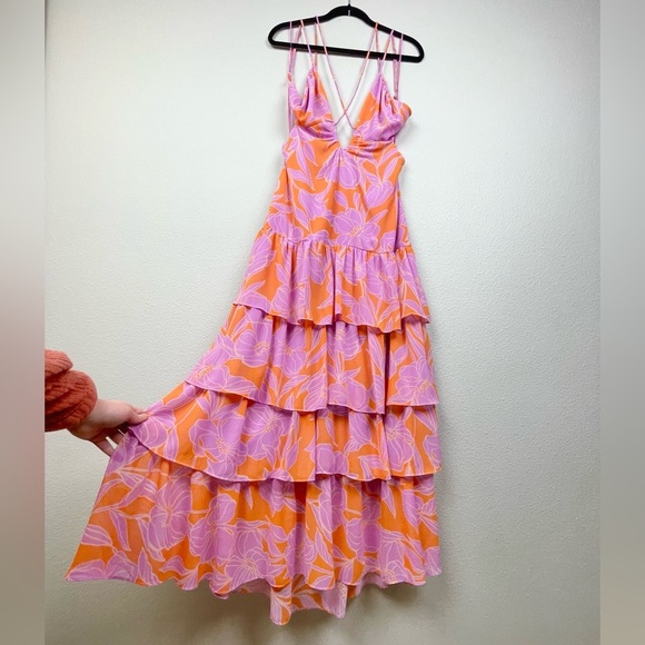 ASTR The Label Women's Large Aneira Dress Orange Purple Floral Maxi Ruffle Strap - Picture 8 of 16